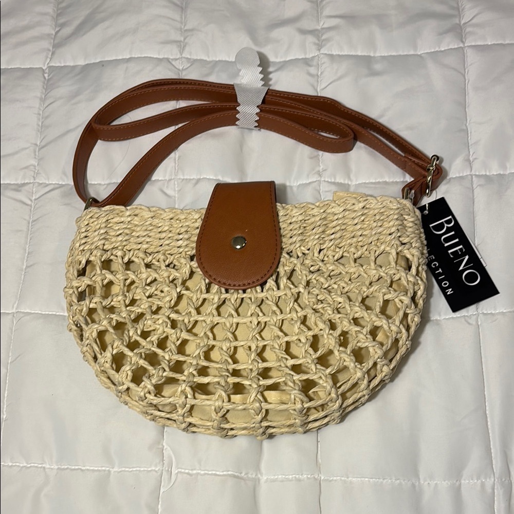 Cream and Brown Crossbody Bag with Woven Straw and Leather Flap - Picture 1 of 7